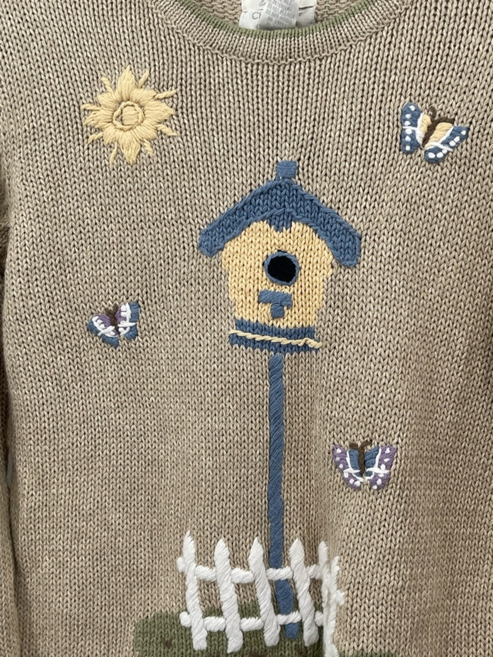 Christopher & Banks Knit Sweater with Blue-Yellow Birdhouse Hand Embroidery - Picture 2 of 13